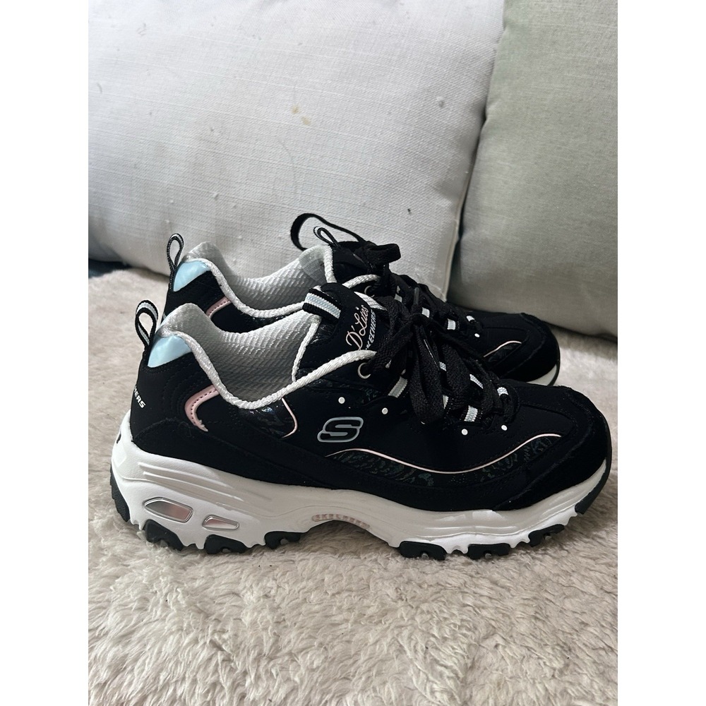 Skechers D Lites Lace Up Comfort Shoes Sneakers Women Size 8 Black Pink White - Picture 1 of 11
